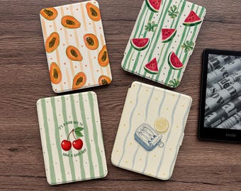 Capa minimalista de frutas para Kindle Kobo, com parte traseira transparente removível e fecho magnético. Design de mamão, melancia e cereja.