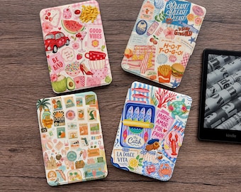 Capa para Kindle e Kobo em estilo mediterrâneo, com parte traseira magnética removível e transparente, com estampa de colagem de verão para Kindle Paperwhite e Kobo.