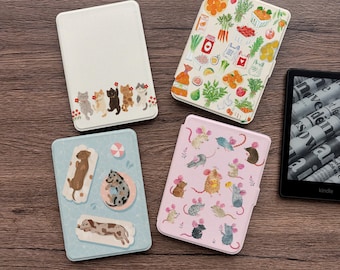 Capa fofa para Kindle e Kobo com estampa de animais, parte traseira transparente removível com fecho magnético, capa para e-reader com estampa de gato, cachorro e rato.