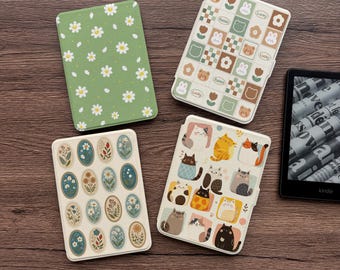 Capa Kindle fofa com estampa floral e de gatinho, capa traseira transparente removível com ímã, capa estética para Kobo Paperwhite Clara Libra