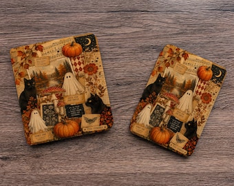 Capa para Kindle e Kobo com tema de Halloween, capa traseira transparente magnética removível, colagem vintage de abóbora, fantasma e gato preto, função de ativação/desativação automática para leitores de e-books.