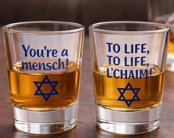 L’Chaim & You’re a Mensch Shot Glass Set – Jewish Gift, Judaica Barware, 2 Shot Glasses