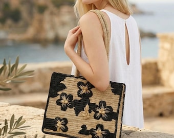 Woven Straw Tote Bag with 3D Black Raffia Flowers, Woven Beach Bag, Large Straw Handbag, Chic Boho Floral Tote, Etsy Gift for Her