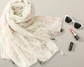 Floral Voile Scarf, Lightweight Botanical Tassel Shawl