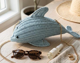 Dolphin Shaped Rattan Bag, Pastel Blue Woven Purse, Nautical Beach Vacation Handbag, Whimsical Coastal Crossbody, Summer Resort Wear Gift