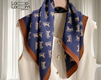 Silk Wool Blend Square Scarf, Floral Print, Hand-Rolled Edges