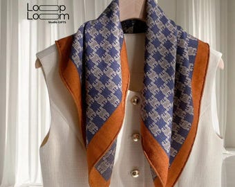 Silk Wool Blend Square Scarf, Floral Print, Hand-Rolled Edges