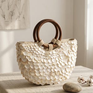Summer Shell Beaded Purses, White Sequin Tote, Pearl Beaded Bag, Sequin Clutch, Women's Top-Handle Handbag, 9.45*1.97*7.09 inches