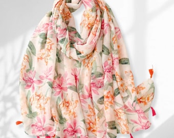 Pink  Floral, Woman Shawls Lightweight, Boho Flower Botanical Scarf, Birthday Mothers Day Gift 72x33"