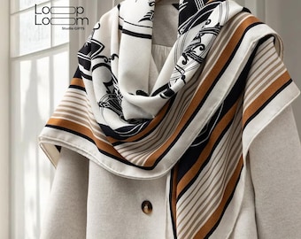 Animal Jungle Classic Silk Wool Square Scarf, Oversize Wool Shawl 51' 130cm