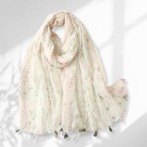 Bufanda de voile floral, chal ligero con borlas botánicas, regalo de envoltorio floral botánico para ella.