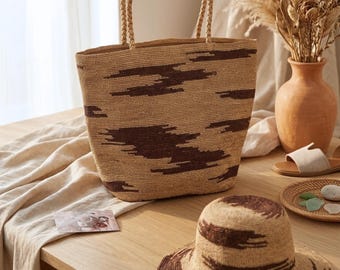 Summer Raffia Set: Tote & Matching Sun Hat, Abstract Boho Style 3 Colors, Straw Tote Bag, Summer Crochet Straw Hat for Women