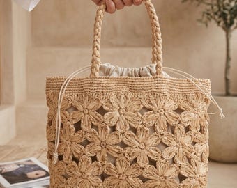 Floral Woven Raffia Tote Bag, Summer Beach Bag, Boho Straw Shoulder Bag, Coastal Chic Handbag, Vacation Tote, Neutral Beige Purse