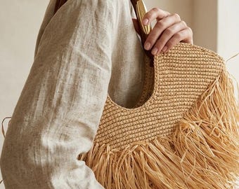 Straw Raffia Fringe Tote Bag, Summer Beach Shoulder Bag with Leather Handle, Woven Straw Purse, Boho Chic Raffia Handbag