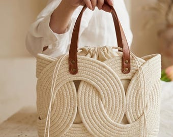 3D Woven Tote Bag - Boho Summer Shoulder Bag with Drawstring - Unique Cotton Rope Beach Bag - Neutral Vacation Purse - Gift for Her