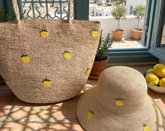 Lemon Straw Tote Bag and Matching Sun Hat Set, Embroidered Raffia Beach Bag, Summer Vacation Accessories, Coastal Style 29x32cm Large Tote