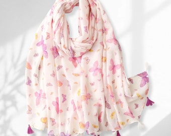 Butterfly Print Voile Scarf with Tassels – Lightweight Spring Shawl