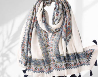Geometric Print Voile Scarf • Blue Tassel Shawl, Tribal Wrap (72x33 inches)