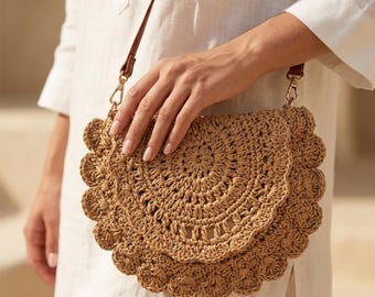Crochet Scalloped Bag | Raffia Woven Crossbody | Boho Summer Shoulder Purse