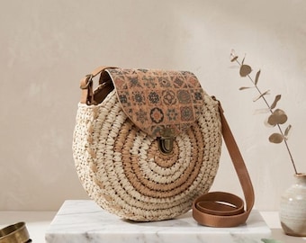 Boho Round Crossbody Bag, Patterned Cork Flap Purse, Trendy Mediterranean Style Shoulder Bag for Women, Compact Daily Essential Accessory