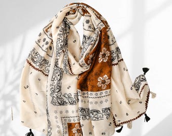 Boho Paisley Scarf, Soft Cream & Rust Shawl with Tassels, Unisex Travel Wrap, Lightweight Cozy Scarf Gift