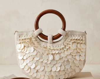 Summer Shell Beaded Purses, White Sequin Tote, Pearl Beaded Bag, Sequin Clutch, Women's Top-Handle Handbag