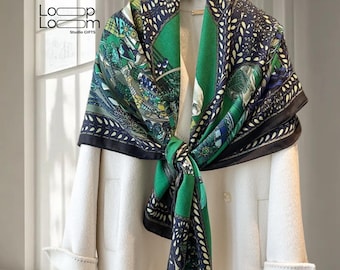 Très grande écharpe de luxe en laine et soie, 51 x 51 po. 130 x 130 cm, grande écharpe vert émeraude « Chevaux déguisés », grande écharpe, cadeau toutes les saisons