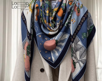 Wool Silk Extra Large Scarf with Floral Fan Illustration, Wool Shawl 51”x51" 130x130cm, All Seasons Unisex Gift