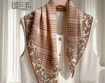 Silk Wool Blend Square Scarf, Floral Herringbone Weave (65x65cm)