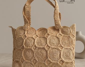 Bolso tote de paja tejida, bolso de hombro de rafia natural, bolso de playa bohemio de verano, bolso con estampado hexagonal de ganchillo, accesorio de moda ecológico
