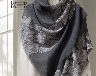 Embroidered Wool Shawl - Lightweight Pashmina Scarf, Floral Design