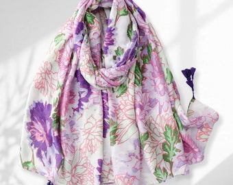 Floral Voile Scarf: Purple Lavender Tassel Shawl, Lightweight Spring Wrap