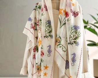 Floral & Marine Life Design, Luxury Pashmina Shawl, Gift for Her, Parisian Style Wrap 200x100cm