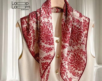 Silk Wool Blend Scarf, Floral Print, Handmade Rolled Edges