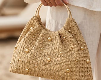 Beaded Straw Bag with Gold Ring Handle, Woven Summer Clutch for Vacation, Boho Chic Beach Purse, Elegant Resort Wear, Stylish Gift for Her
