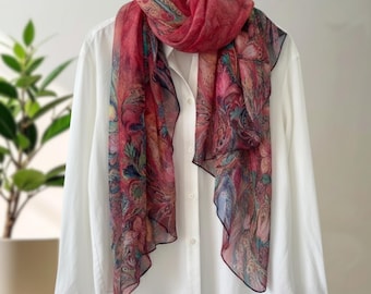 Vibrant Red Phoenix Silk Scarf – Mulberry Chiffon Shawl, Large Lightweight Wrap
