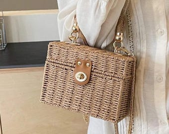 Summer Straw Bag for Women – Boho Woven Rattan Handbag, Mini Beach Vacation Purse, Top Handle Crossbody Bag