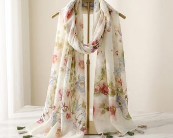 Floral Voile Scarf, Sheer Summer Wrap, Elegant Lightweight Shawl, Pastel Flower Tassel Scarf, Birthday Gift for Her, Botanical Chiffon Scarf