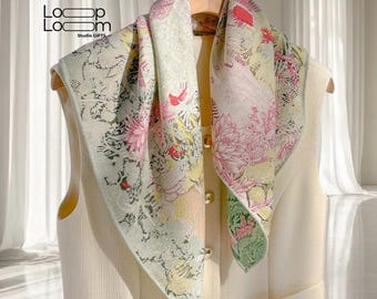 Silk Wool Blend Square Scarf, Floral Print, Hand-Rolled Edges (65x65cm)
