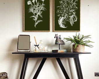 ヴィンテージボタニカルウォールアートセット、グリーンボタニカルプリント、植物イラストセット、ミニマルな自然壁飾り、デジタルダウンロードプリント