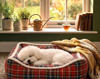 Classic Red Tartan Plaid Dog Bed, Cozy Washable Pet Lounger