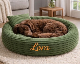 Personalized Corduroy Pet Bed with Pillow, Cozy Round Dog Cat Bed