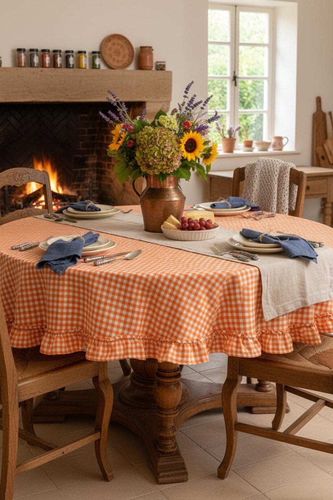 Gingham Round Tablecloth With Ruffle Edge, Farmhouse Table Cover ...