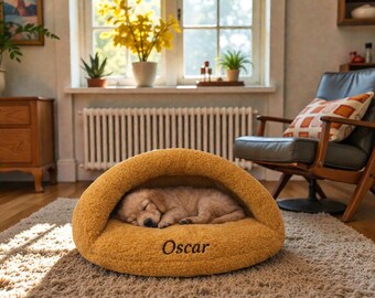 Personalized Plush Cat Bed with Hood, Cozy Pet Cave Bed