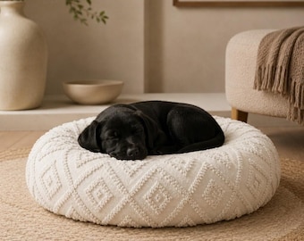 Boho Chic Round Pet Bed, Textured Fabric Dog Cat Cushion