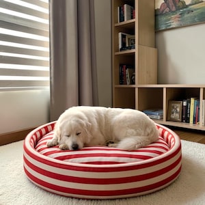 Cama para mascotas a rayas personalizada, nido de pato de algodón moderno, cojín acogedor para perros y gatos