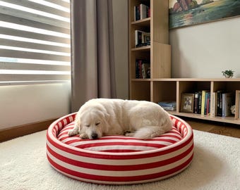 Personalized Striped Pet Bed, Modern Cotton Duck Nest, Cozy Dog Cat Cushion