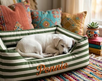 Personalized Striped Pet Bed, Calming Orthopedic Cushion, Washable Dog Cat Bed