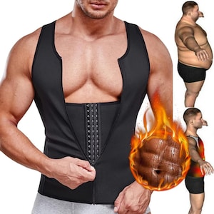 May include: Black compression vest with a zipper closure and hook-and-eye clasps. The vest is sleeveless and designed to be worn close to the body. The image also shows a before and after comparison of a person's body shape.