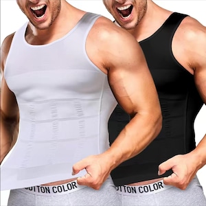 May include: Two compression tank tops, one white and one black, are displayed. The tops have a ribbed design and are sleeveless. The image shows the tops being worn. The text "UTTON COLOR" is visible on the waistband of the underwear.